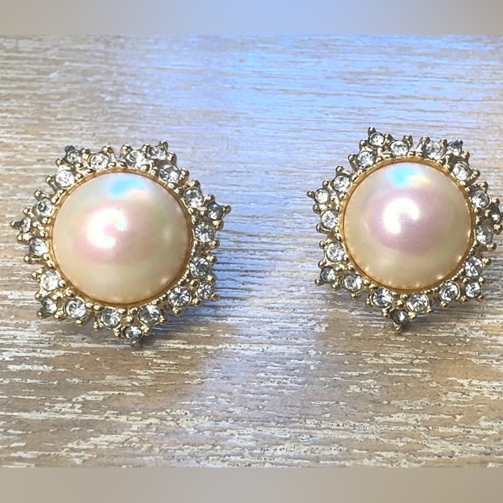 Vintage Christian DIOR Signed Round Faux Pearl & Rhinestone Clip On Earrings